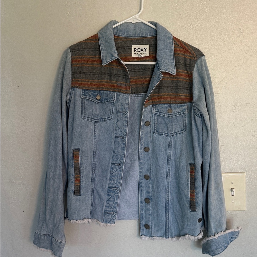 Roxy Light Blue Denim Jacket with Brown Stripes